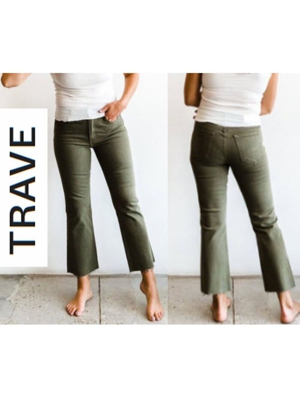 Trave Collette Olive Green Wide leg ankle Denim Pants 29 Weekend chic Preppy